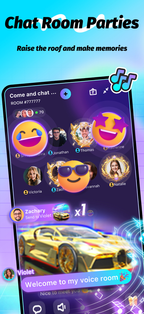 Una vibrante sala de chat de voz grupal en SoMatch con avatares de usuario y regalos virtuales