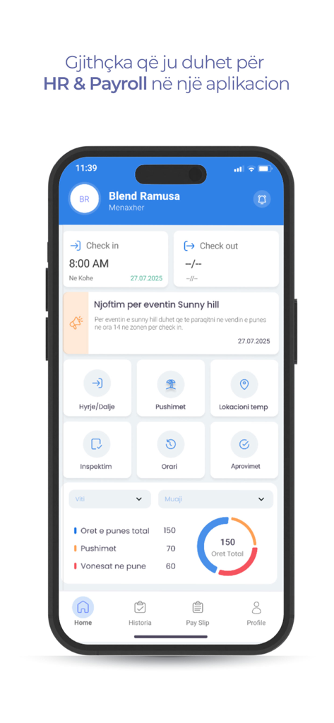 Line HR mobile application dashboard on iPhone showing attendance tracking work hours and leave management interface