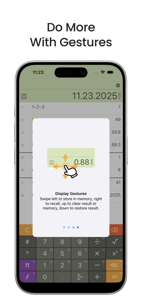 Inseries Pro: Smart Calculator - iPhone screenshot showing gesture control instructions for the Inseries Pro smart calculator app.