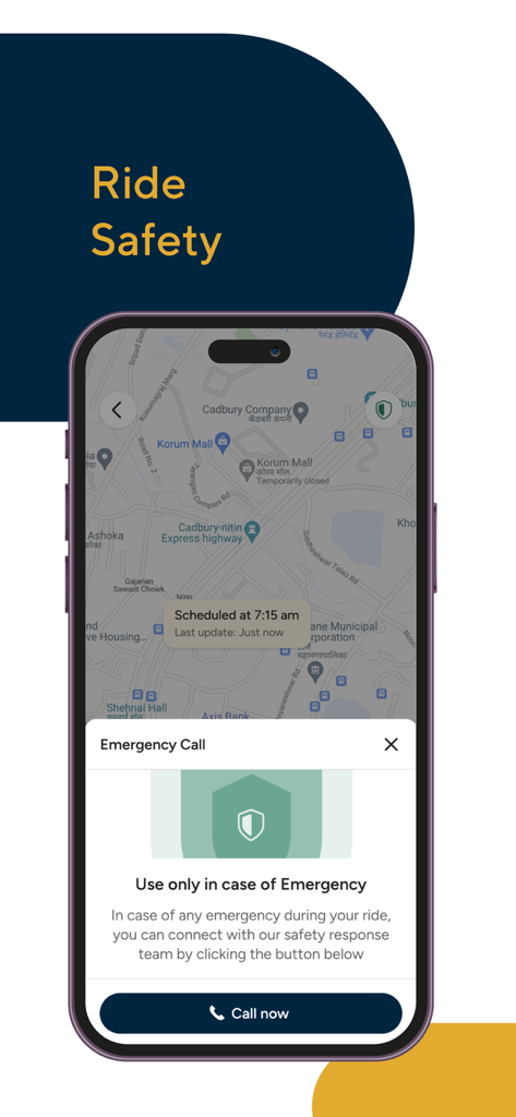Cityflo - Premium office rides - Captura de ecrã da aplicação Cityflo a mostrar a interface de segurança da viagem com um botão de chamada de emergência e seguimento do autocarro em tempo real num mapa.