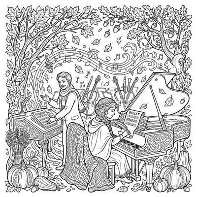 Celebrate the artistry of ballet composers set against a picturesque autumn backdrop in this captivating coloring page. Featuring rich fall details and musical elements, it's an inviting scene waiting for your colorful imagination.