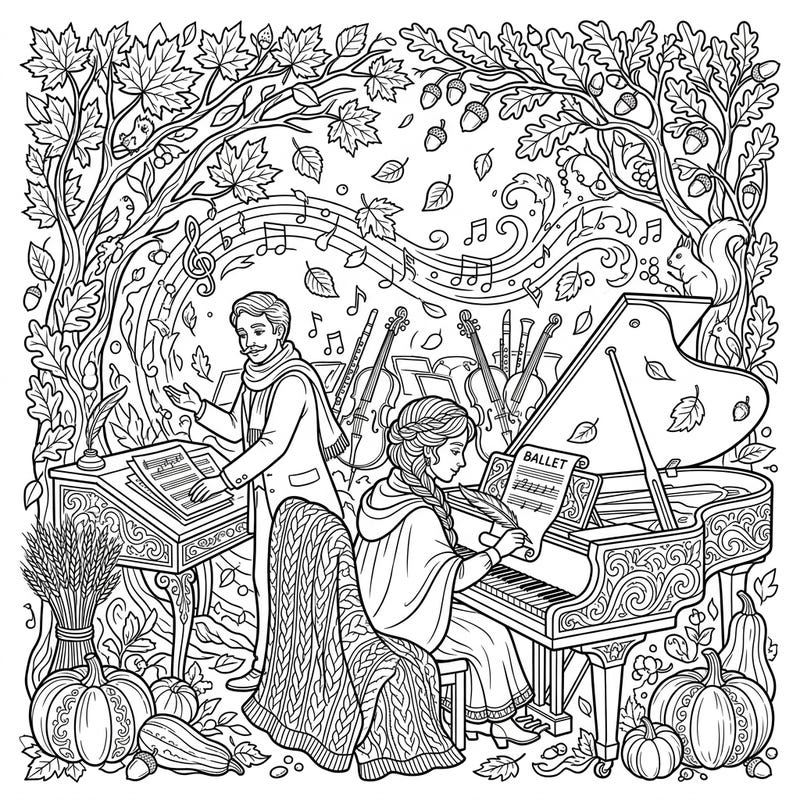 Celebrate the artistry of ballet composers set against a picturesque autumn backdrop in this captivating coloring page. Featuring rich fall details and musical elements, it's an inviting scene waiting for your colorful imagination.