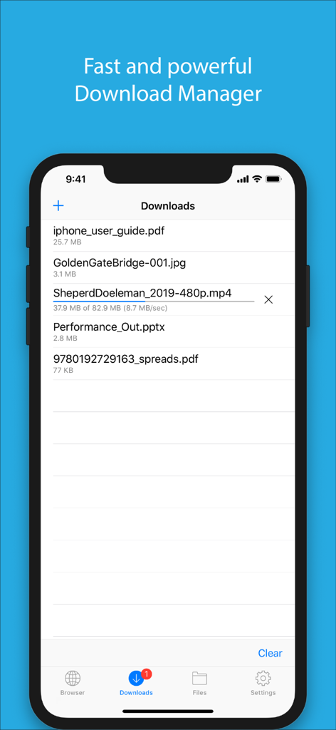 Captura de tela da interface do gerenciador de downloads do aplicativo Files mostrando uma lista de documentos e um download ativo com uma barra de progresso
