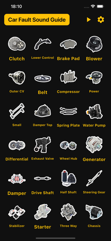 Dashboard of the Car Fault Sound Guide app showing a grid of car parts like clutch brake pads and generator for noise diagnosis