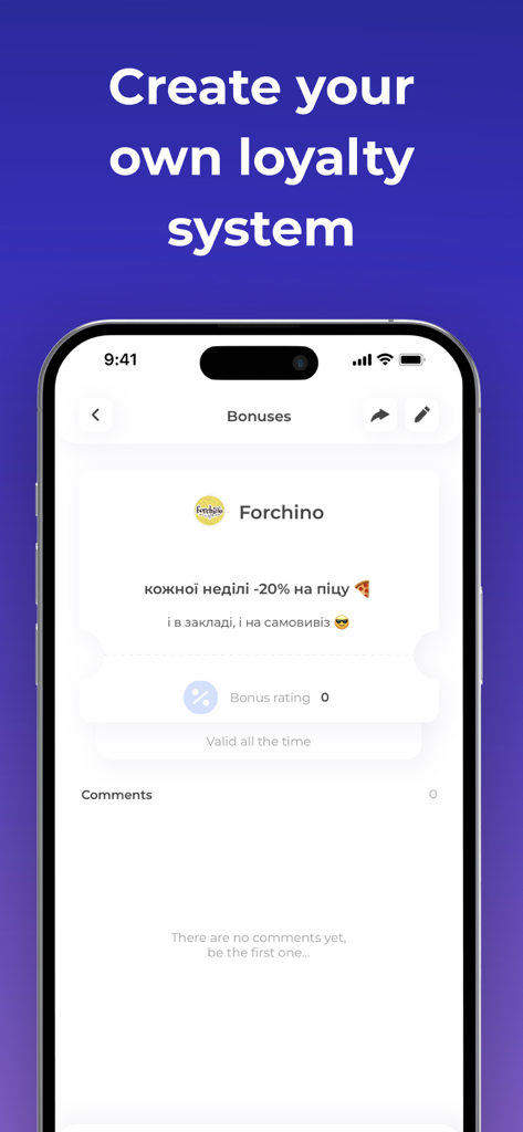 Pantalla de la aplicación móvil Smap que muestra un programa de lealtad empresarial para un restaurante de pizza con un descuento del 20 por ciento