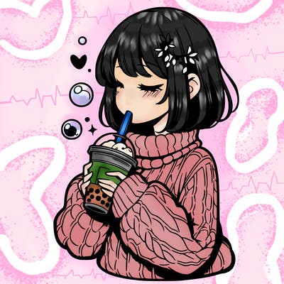 manga girl drinking boba in cozy sweater