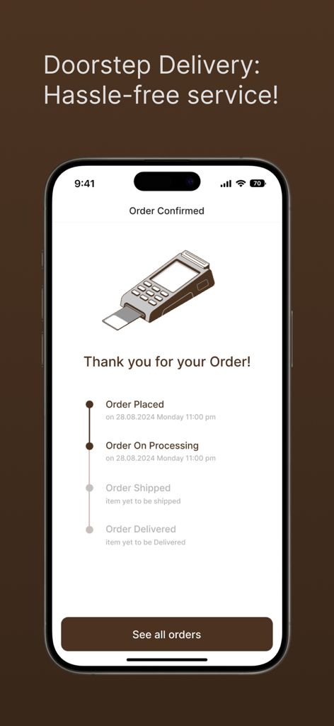 Furnyshop app order confirmation screen showing a furniture order status tracker and doorstep delivery message.