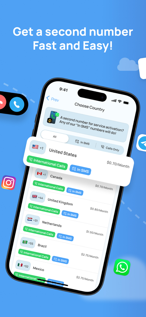 eSIMo app interface for selecting a second phone number from various countries for calls and SMS