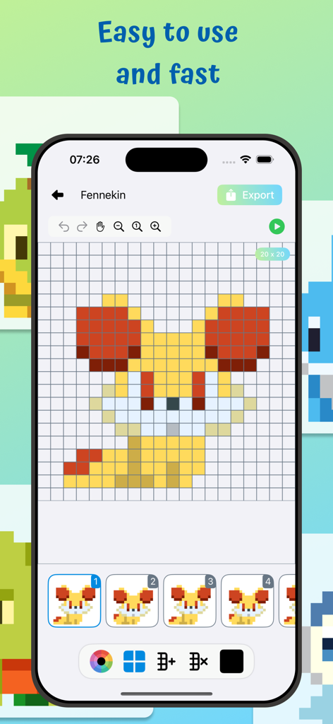 Pixel Animation - Pixel Art - A mobile app interface for creating pixel art animations showing a cute character on a drawing grid with frame by frame tools.