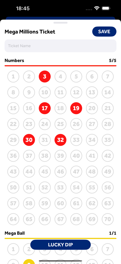 Texas Lottery Scanner - Interface of the Texas Lottery Scanner app showing a Mega Millions ticket with selected numbers and a save option
