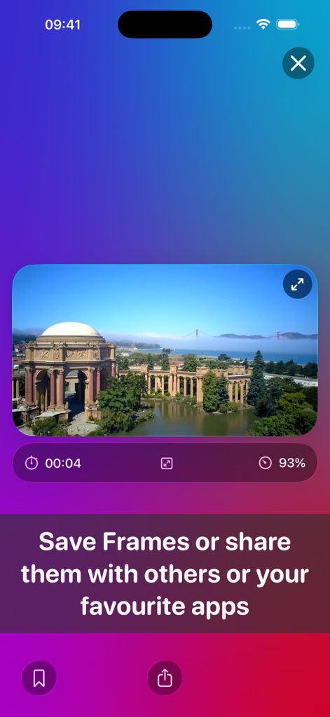 Interface do aplicativo Key Frame exibindo um still de vídeo de alta qualidade com opções para salvar e compartilhar.