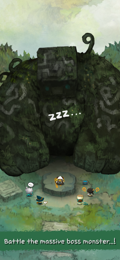 Pompo: Backpack Heroes - Pompo and his heroes facing a massive sleeping mossy stone golem boss.