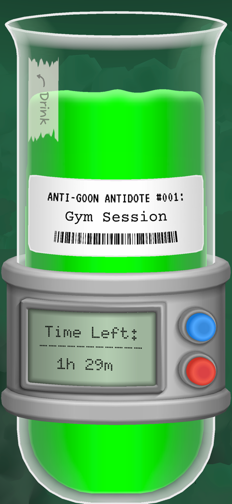 Anti-Goon: Quit Gooning - Une fiole de laboratoire remplie d'un liquide vert néon étiquetée Anti-Goon Antidote Gym Session avec un compte à rebours numérique.
