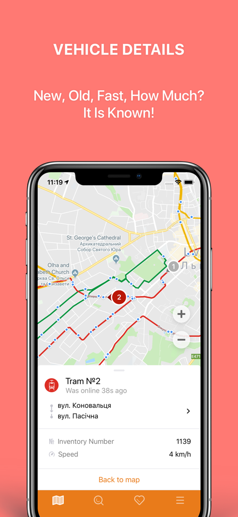 Public Transport Lviv - Real-time tram tracking and vehicle details screen in the Public Transport Lviv app showing a map and speed information.