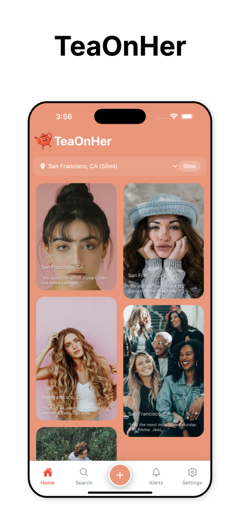 Home screen of the TeaOnHer app displaying a grid of verified community posts and user photos in San Francisco
