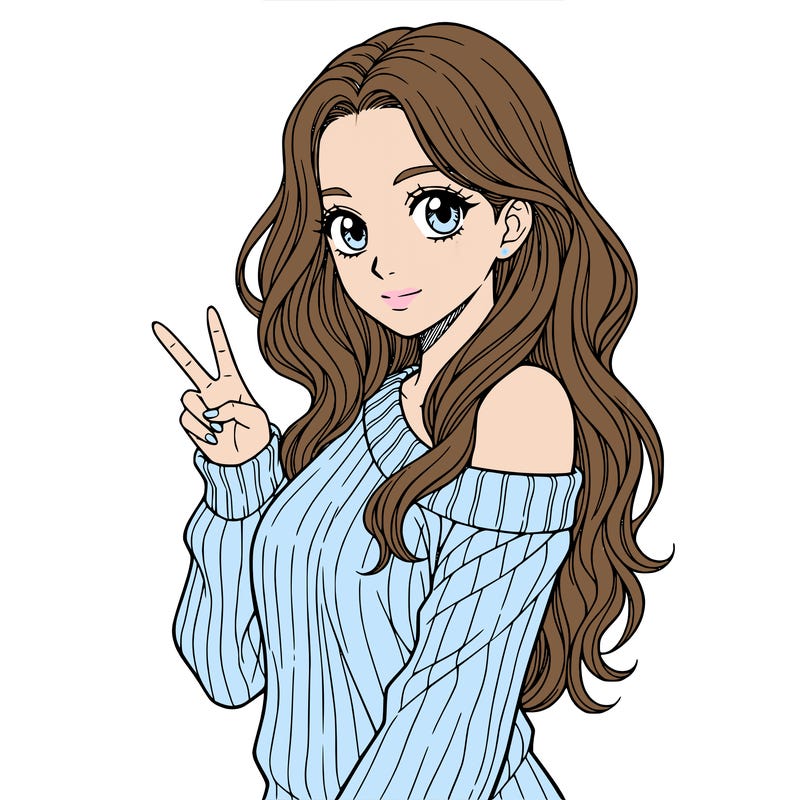 a girl with long hair. make only from her waist up showing and she is wearing g a sweater the is half off her shoulder. she needs to hold one peace sign. make her have no mouth, only have eyes. make her whole body facing the camera. and no black hair.