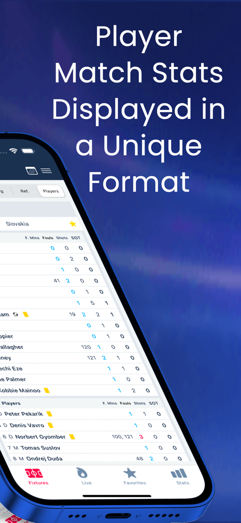 XFPlayer Football Player Stats - A mobile interface displaying football player match statistics including fouls and shots on target