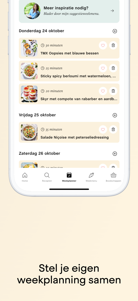 Recepten van Sandra - Écran de planification de repas hebdomadaire dans l'application Recepten van Sandra montrant les recettes saines programmées et les temps de cuisson.