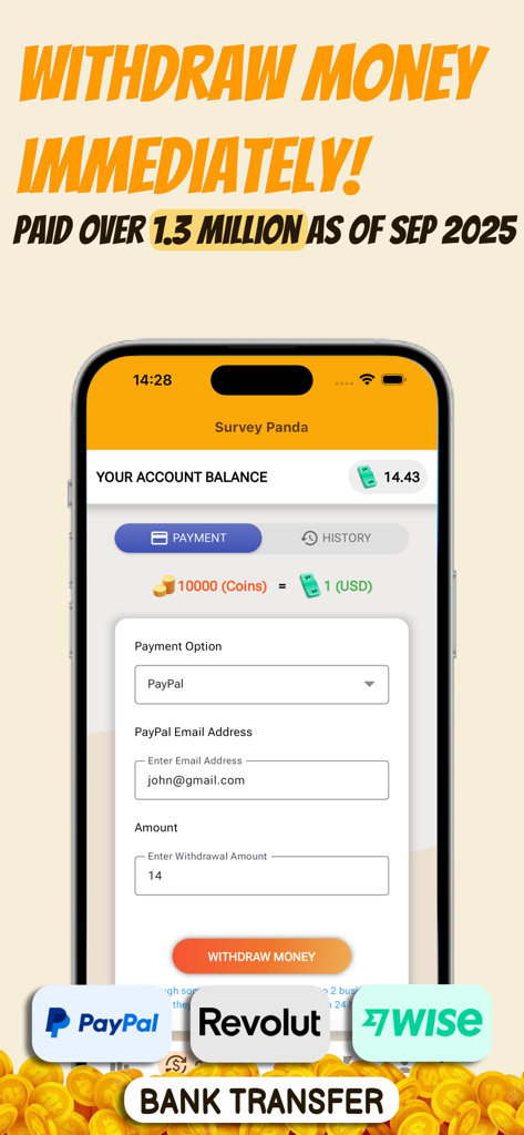 Earn Rewards with Survey Panda - Interface do aplicativo Survey Panda mostrando opções de saque de dinheiro via PayPal Revolut e Wise