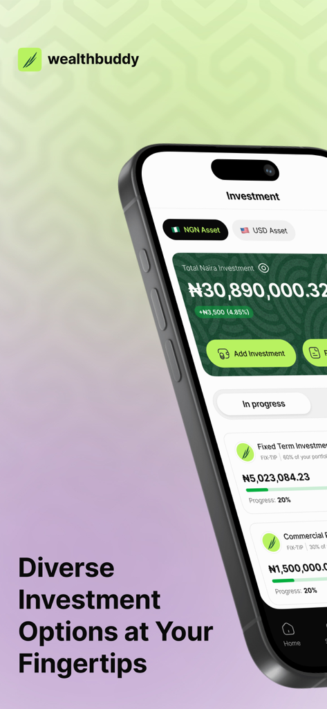 WealthBuddy - WealthBuddy app interface showing diverse investment options in Naira and USD