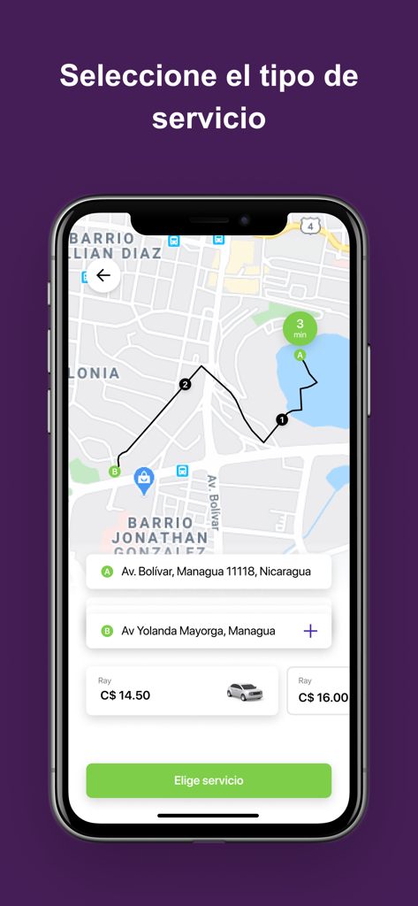 Ray App - Taxi Rápido y Seguro - Ray App-Oberfläche zeigt eine Kartenroute und Taxi-Service-Optionen mit Preisen in Managua