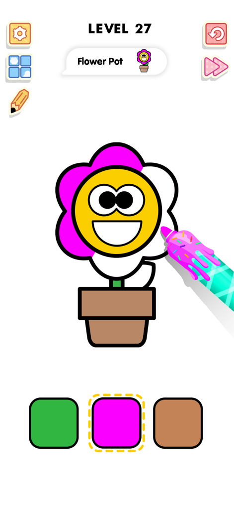 핑크색 스프링클 패턴 펜으로 만화 꽃병을 칠하는 색칠 게임 인터페이스