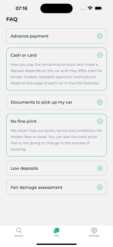 Localrent app FAQ screen showing payment methods and pricing transparency details