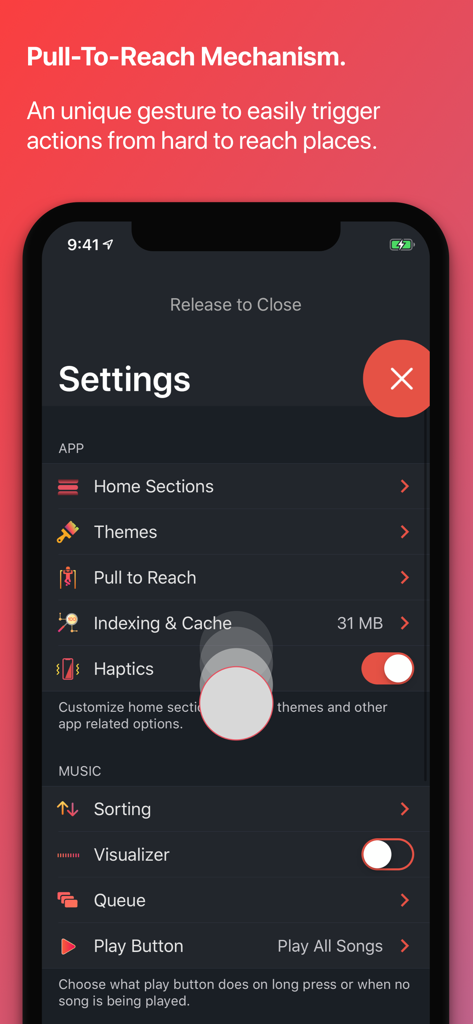 La schermata delle impostazioni dell'app musicale Soor che dimostra il gesto di tirare per raggiungere per la navigazione con una mano.