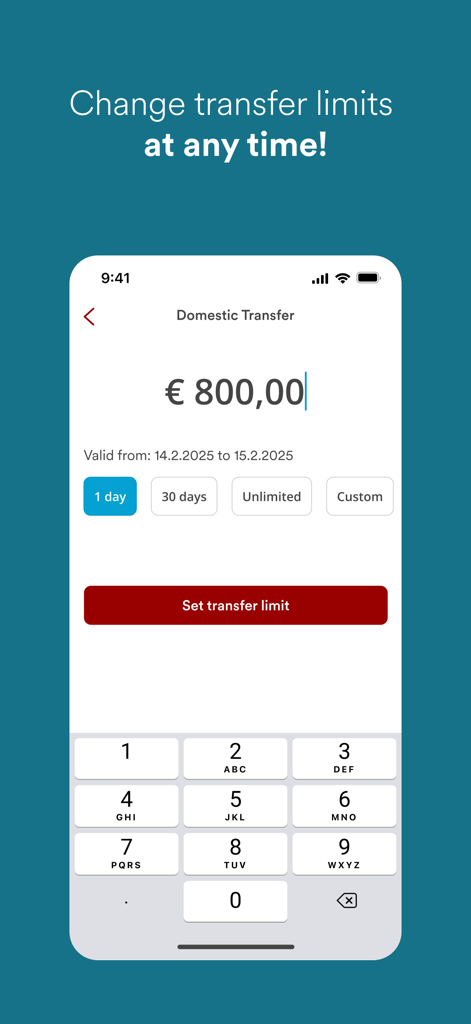 BAWAG Banking App - Interface for setting domestic transfer limits in the BAWAG Banking App showing an 800 euro amount and duration options.