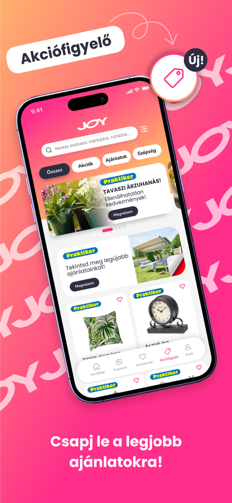 JOY Hungary mobile app interface displaying seasonal shopping discounts and product offers