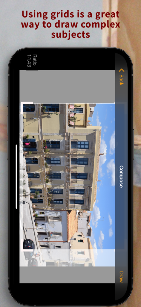 A phone screen displaying the Sketch Grid app with a complex architectural photo being prepared for drawing