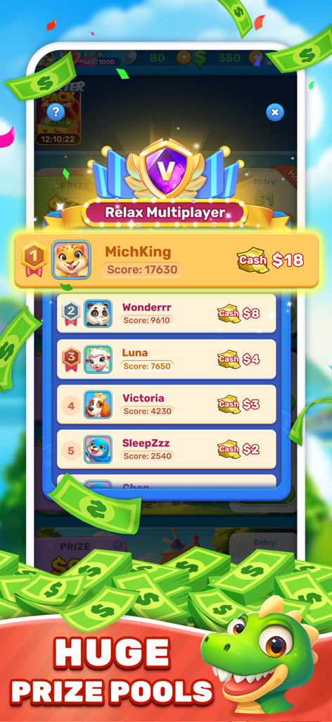 Bubble Glint game leaderboard showing cash prizes and huge prize pools