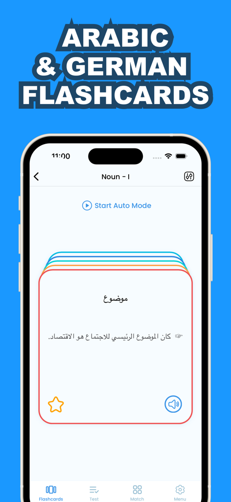 Learn Arabic & German - Arabic and German language learning flashcard interface on a mobile phone screen