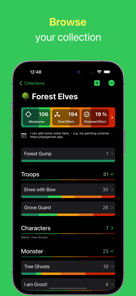 Figure Case - Hobby Progress - Interfaccia dell'app Figure Case che mostra i progressi della pittura e le statistiche per una collezione di miniature di Elfi della Foresta.