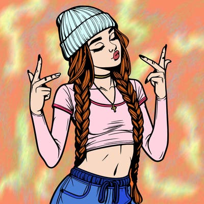 realistic teenage girl with braids and a beanie and crop top doing 🫶🏼