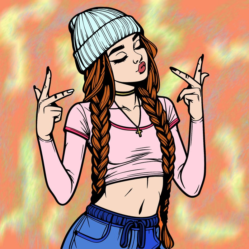 realistic teenage girl with braids and a beanie and crop top doing 🫶🏼