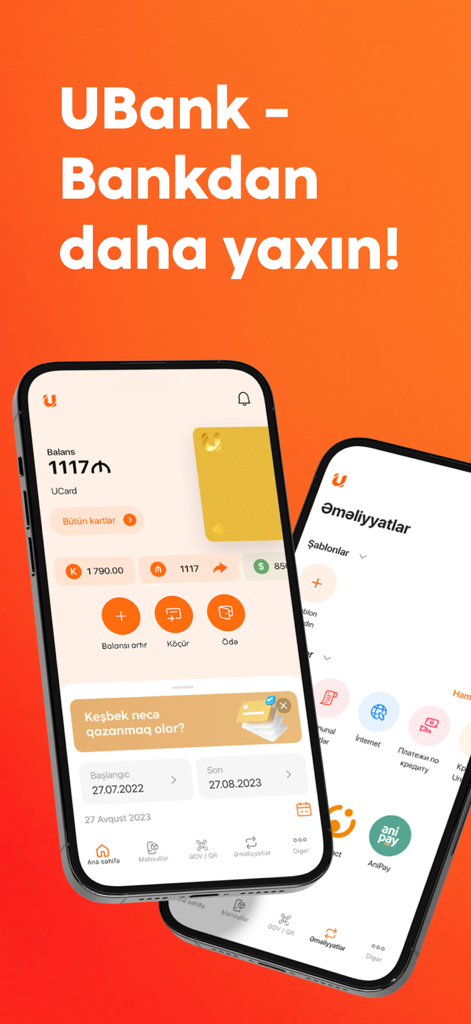 UBank by Unibank - Due iPhone che mostrano la dashboard dell'app di mobile banking UBank e l'interfaccia delle operazioni finanziarie