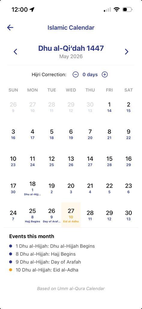 Iqamah - Iqamah app interface showing the Islamic Hijri calendar and monthly religious events