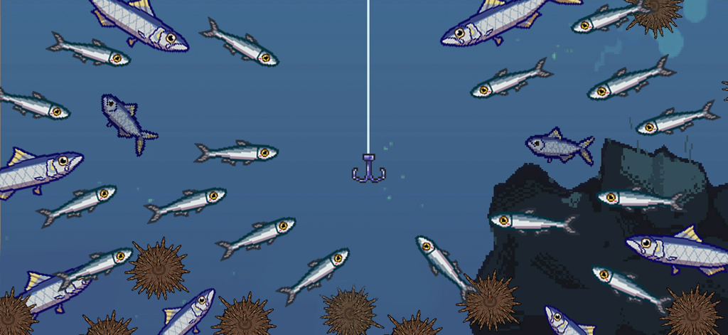 Scale the Depths - Pixel art gameplay showing an underwater scene with a fishing hook surrounded by various fish and sea urchins.