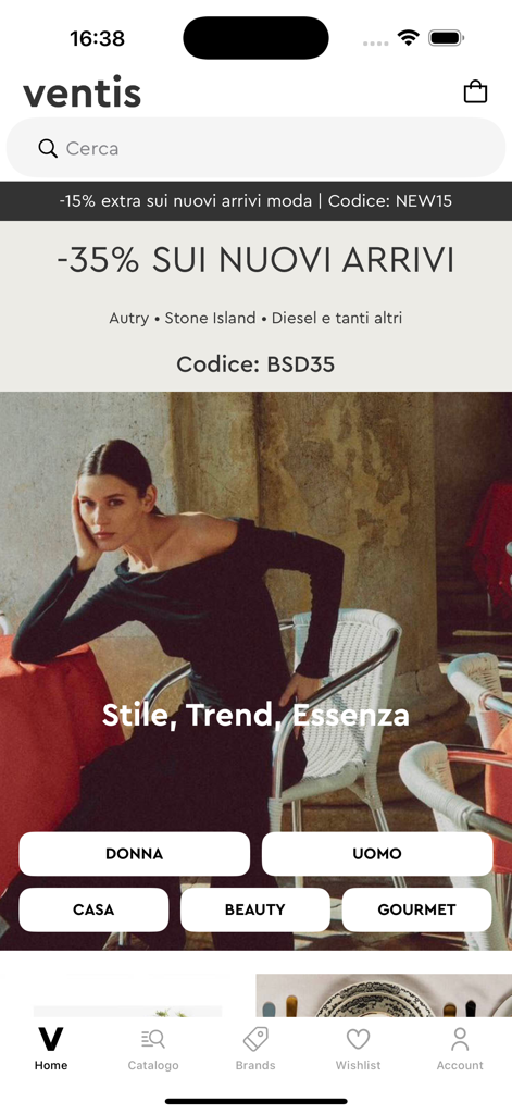 VENTIS - Fashion & Home Design - The home screen of the VENTIS shopping app displaying fashion and home design categories with a promotional discount banner.