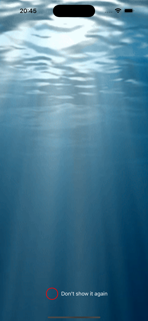 WTF Poomsae - Splash screen of the WTF Poomsae app featuring a blue underwater background with light rays and a don't show it again option.