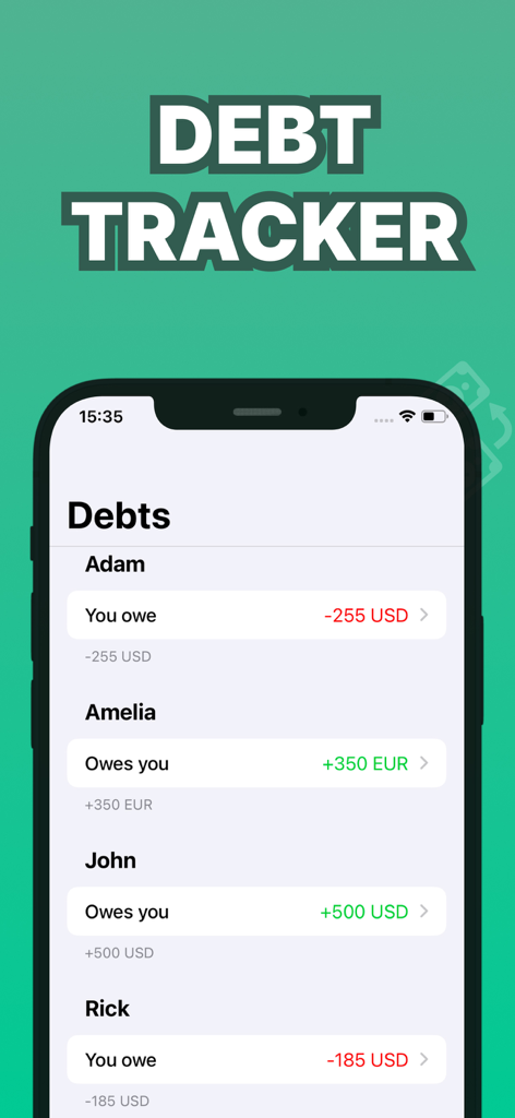 Debt Tracker app interface displaying a list of money owed and receivables in different currencies.