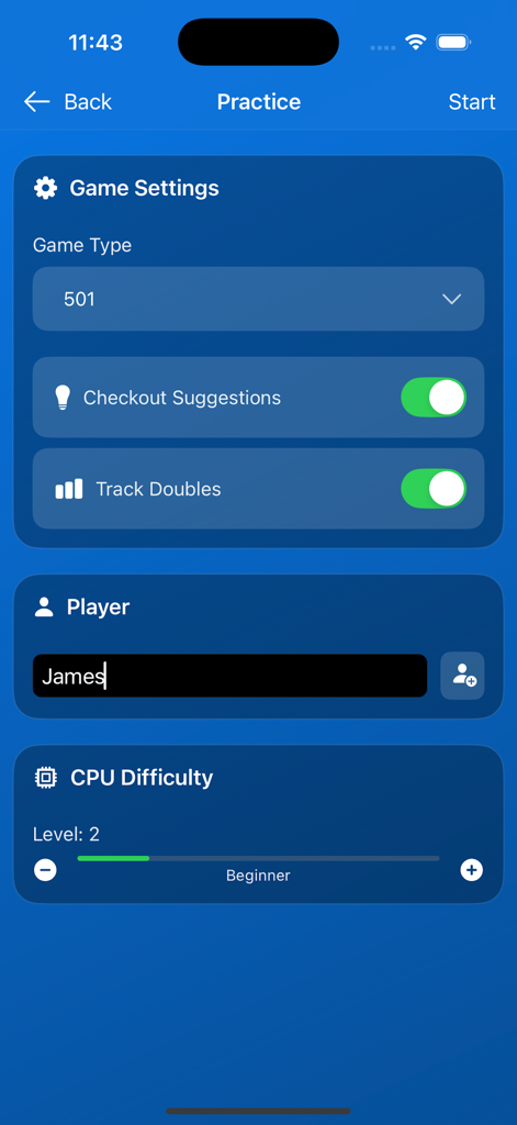 Darts Scores - Setup screen for darts practice mode showing game settings and AI difficulty levels