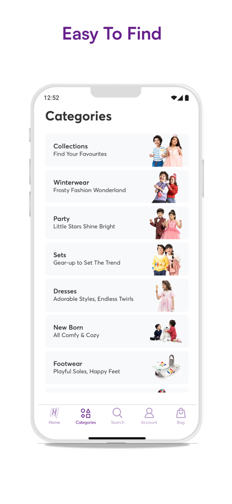 A mobile screen from Hopscotch app showing kids clothing categories such as party wear dresses and winter sets.