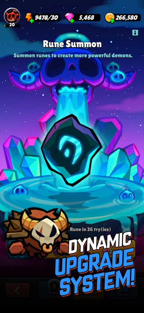 Rune summon screen in Hellsquad Rrrush showing a glowing rune and dynamic upgrade system