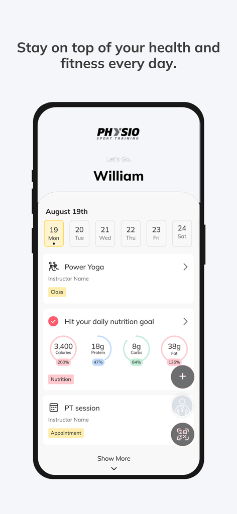 Physio Sport Training - Panel de usuario de la aplicación Physio Sport Training que muestra un horario diario con clases de power yoga, objetivos de nutrición y citas de fisioterapia.