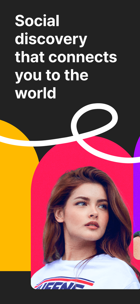 MEEFF app promotional screen featuring a young woman and the text Social discovery that connects you to the world