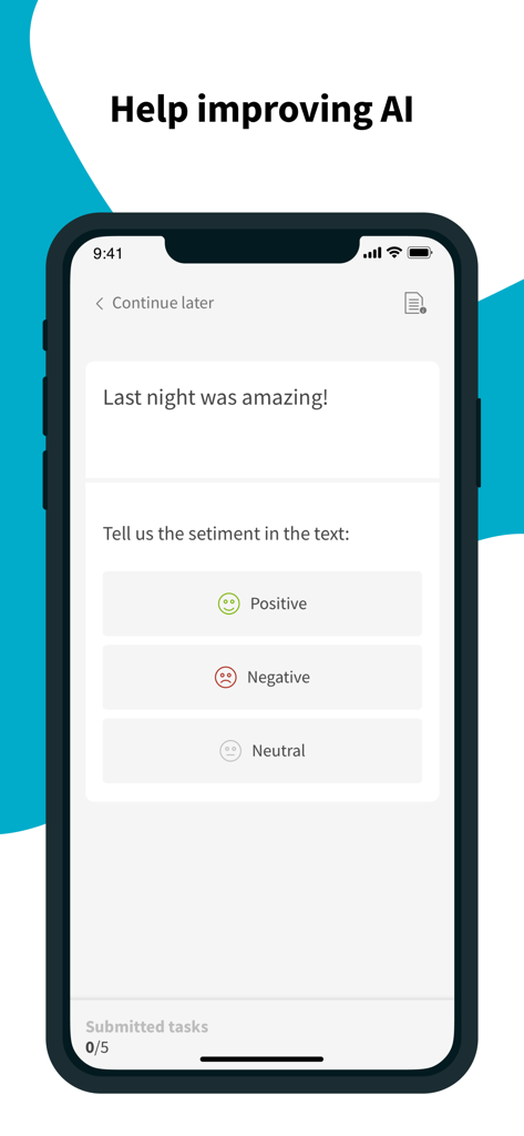 Mobile screen of Neevo app showing a sentiment analysis task for AI training