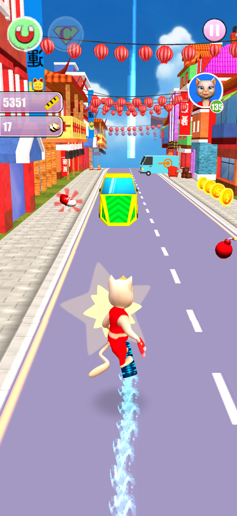 Princess Cat Lea Run - A white cat character skating on a board through a city street with red lanterns