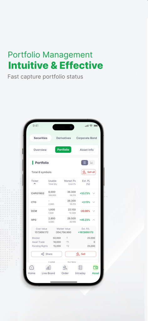 Interfaz de gestión de portafolio de la aplicación iDragon en un iPhone que muestra símbolos de tickers de acciones y datos de ganancias y pérdidas